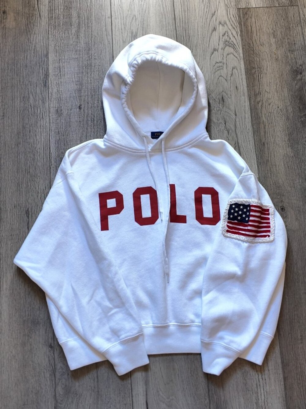 Polo Ralph Lauren Spellout Fleece Hoodie White USA Flag Patch with POLO Mens M